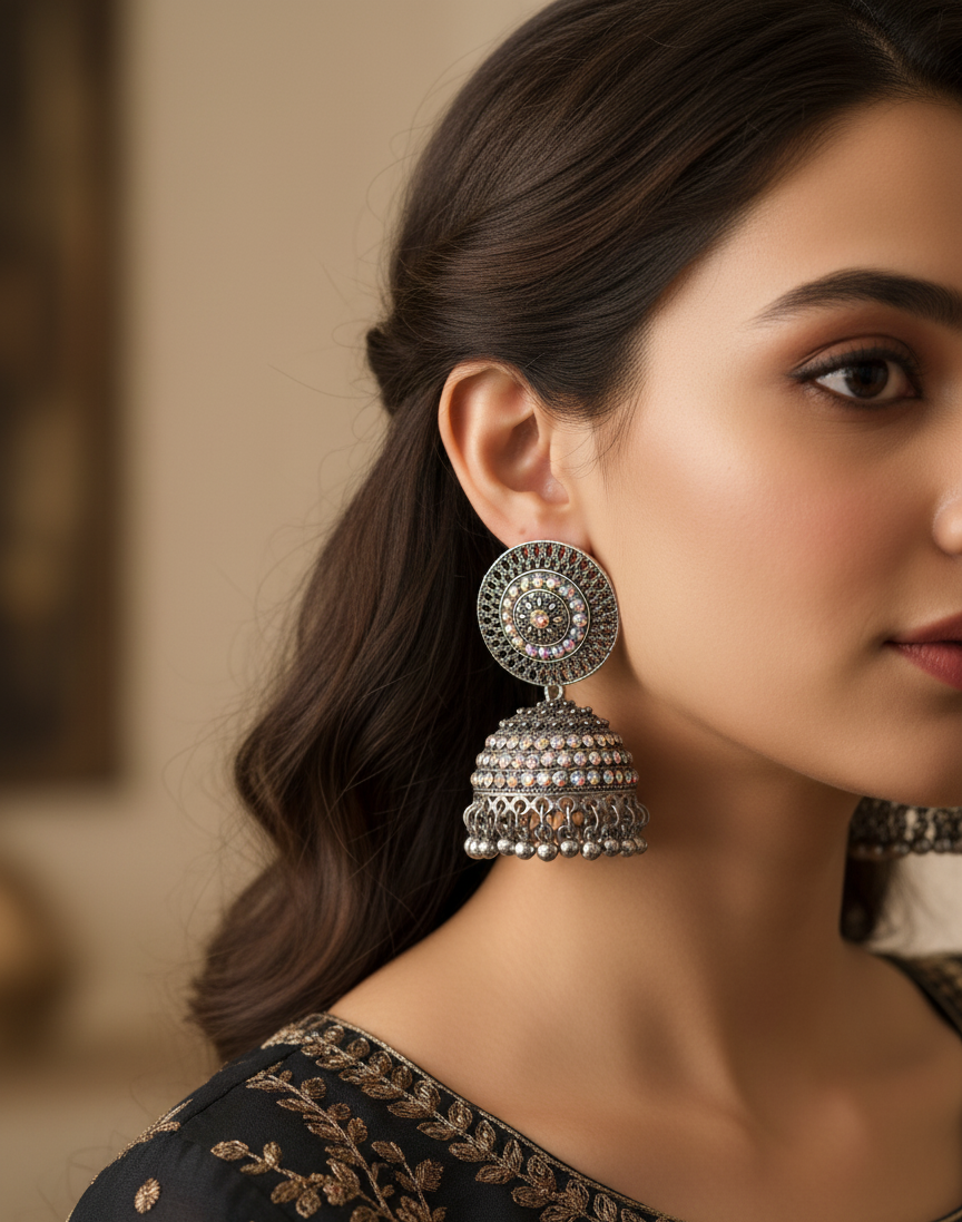 Celestial Aura Oxidized Pastel Stone Jhumkas for girls.